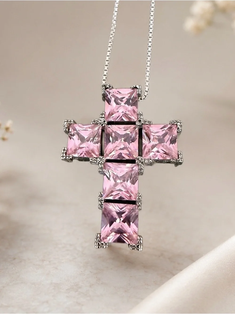 Sterling Silver Cross Semi Precious Pink Gemstones PRETTY